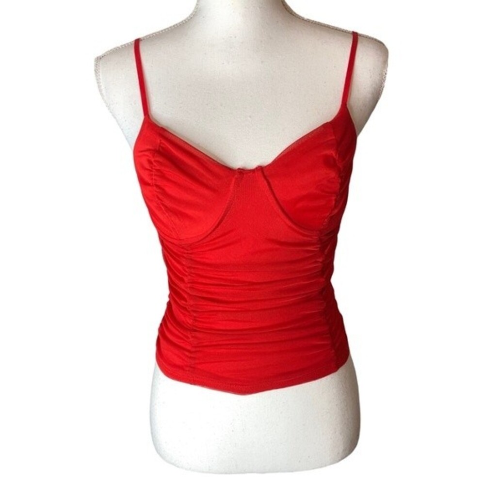 Just Polly Red Ruched Mesh Underwire Bustier Tank Top